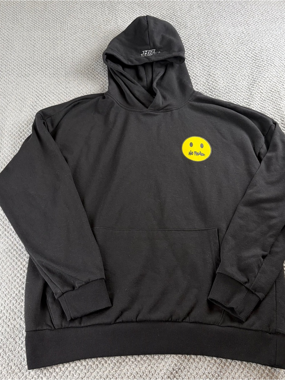 No fear Black Hoodie with Yellow Smiley Graphic